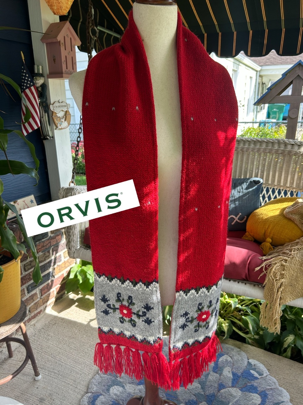 Vintage Orvis Alpaca Blend Embroidered Red & Gray Floral Scarf